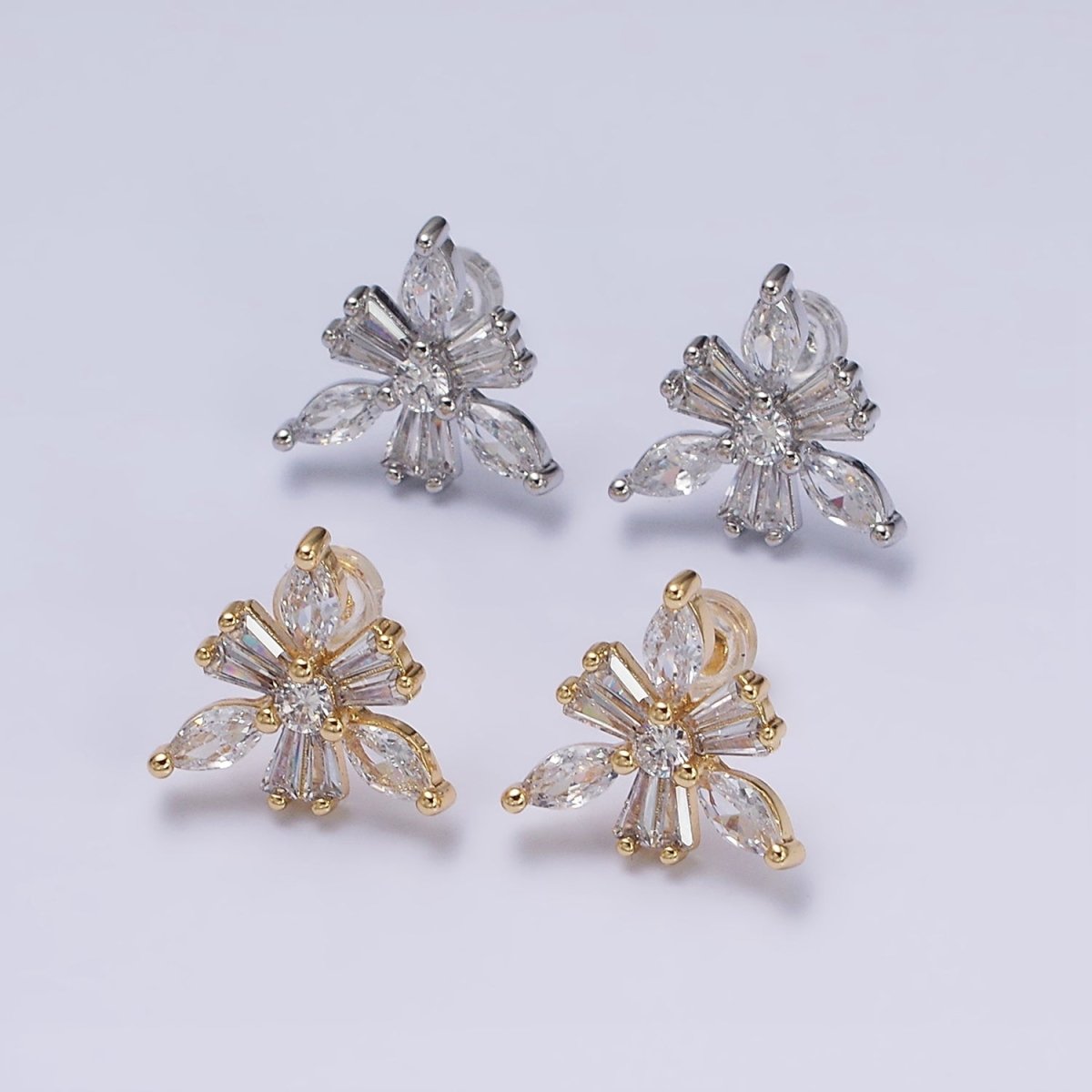 16K Gold Filled Clear CZ Snowflake Flower Baguette Marquise Stud Earrings in Gold & Silver | AD1237 AD1238