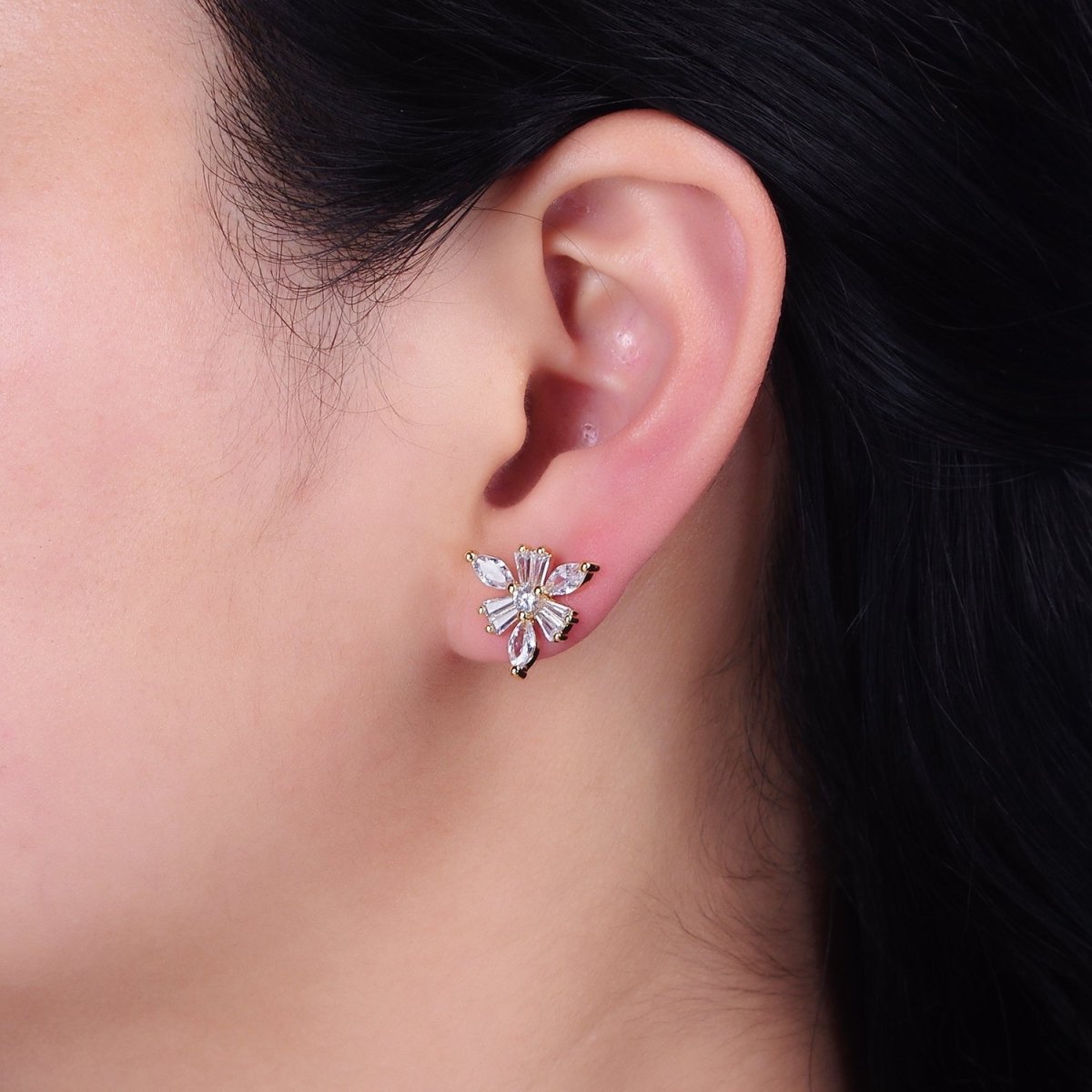 16K Gold Filled Clear CZ Snowflake Flower Baguette Marquise Stud Earrings in Gold & Silver | AD1237 AD1238