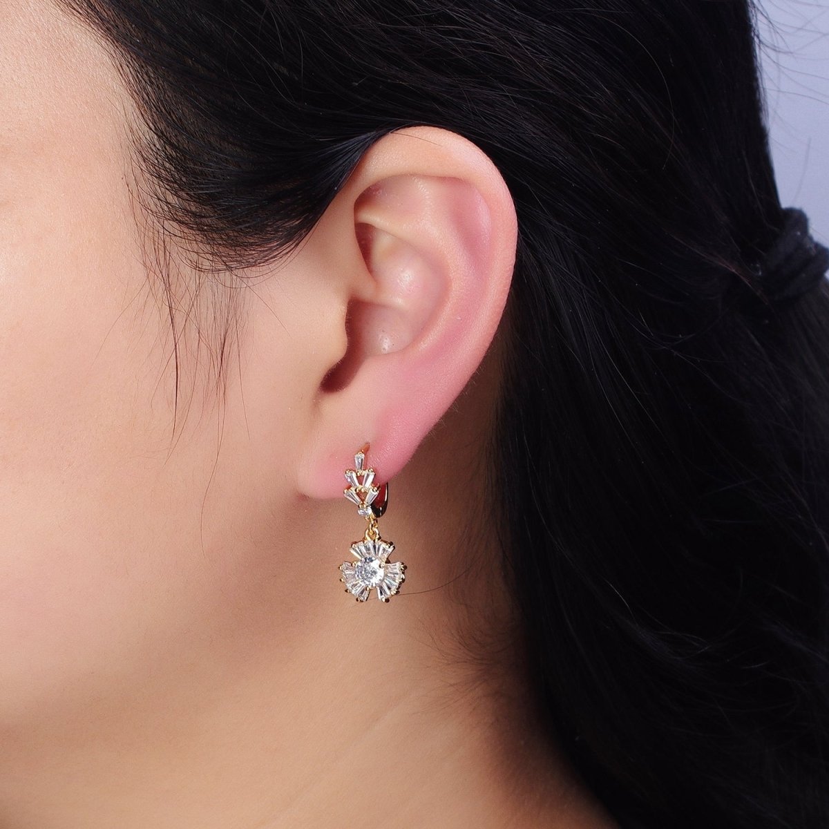 16K Gold Filled Clear CZ Sunburst Drop Baguette English Lock Earrings in Gold & Silver | AD861 AD862