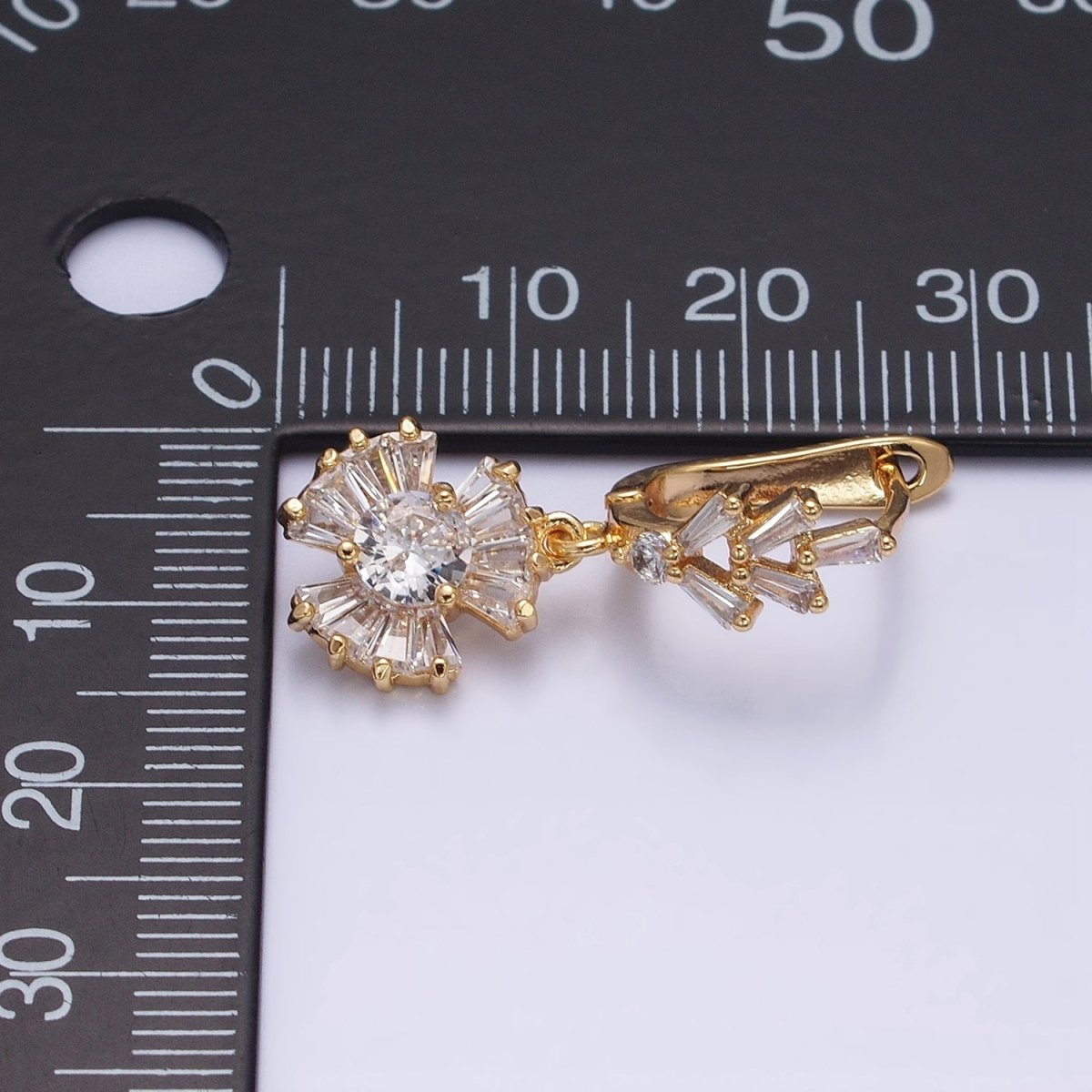16K Gold Filled Clear CZ Sunburst Drop Baguette English Lock Earrings in Gold & Silver | AD861 AD862