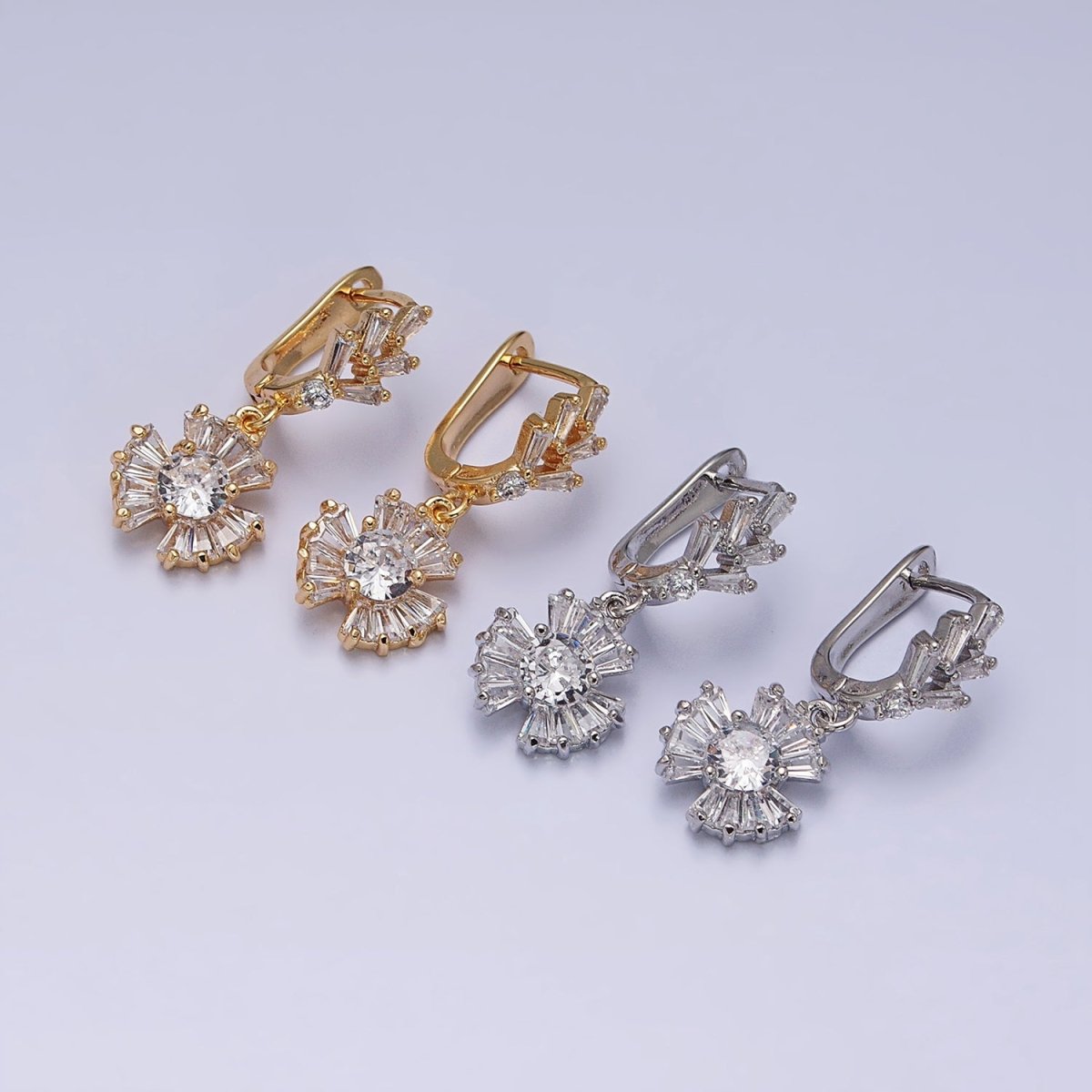 16K Gold Filled Clear CZ Sunburst Drop Baguette English Lock Earrings in Gold & Silver | AD861 AD862