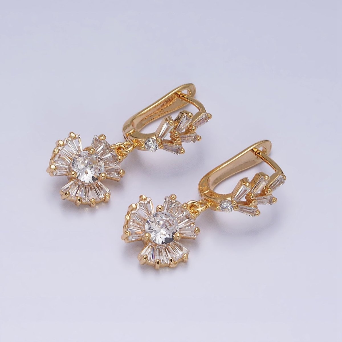 16K Gold Filled Clear CZ Sunburst Drop Baguette English Lock Earrings in Gold & Silver | AD861 AD862