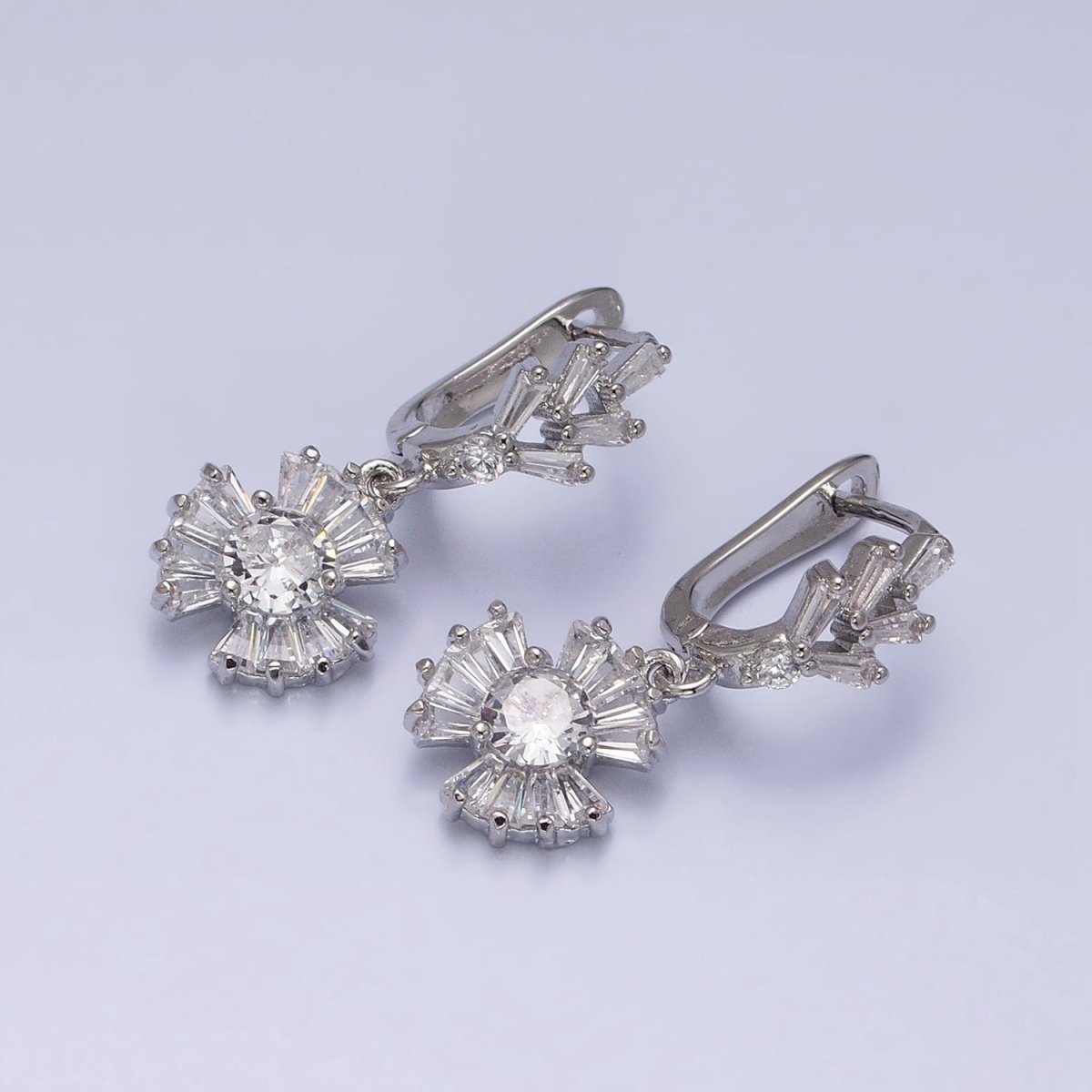 16K Gold Filled Clear CZ Sunburst Drop Baguette English Lock Earrings in Gold & Silver | AD861 AD862