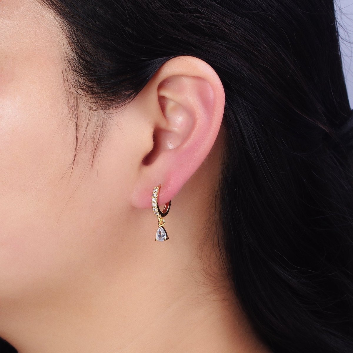 16K Gold Filled Clear CZ Teardrop Micro Paved Huggie Earrings in Gold & Silver | AD816 AD817
