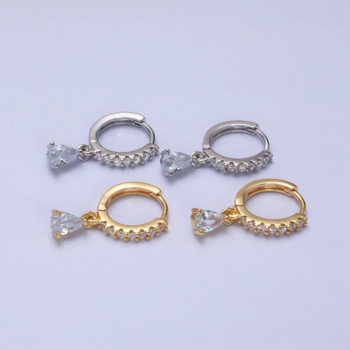 16K Gold Filled Clear CZ Teardrop Micro Paved Huggie Earrings in Gold & Silver | AD816 AD817