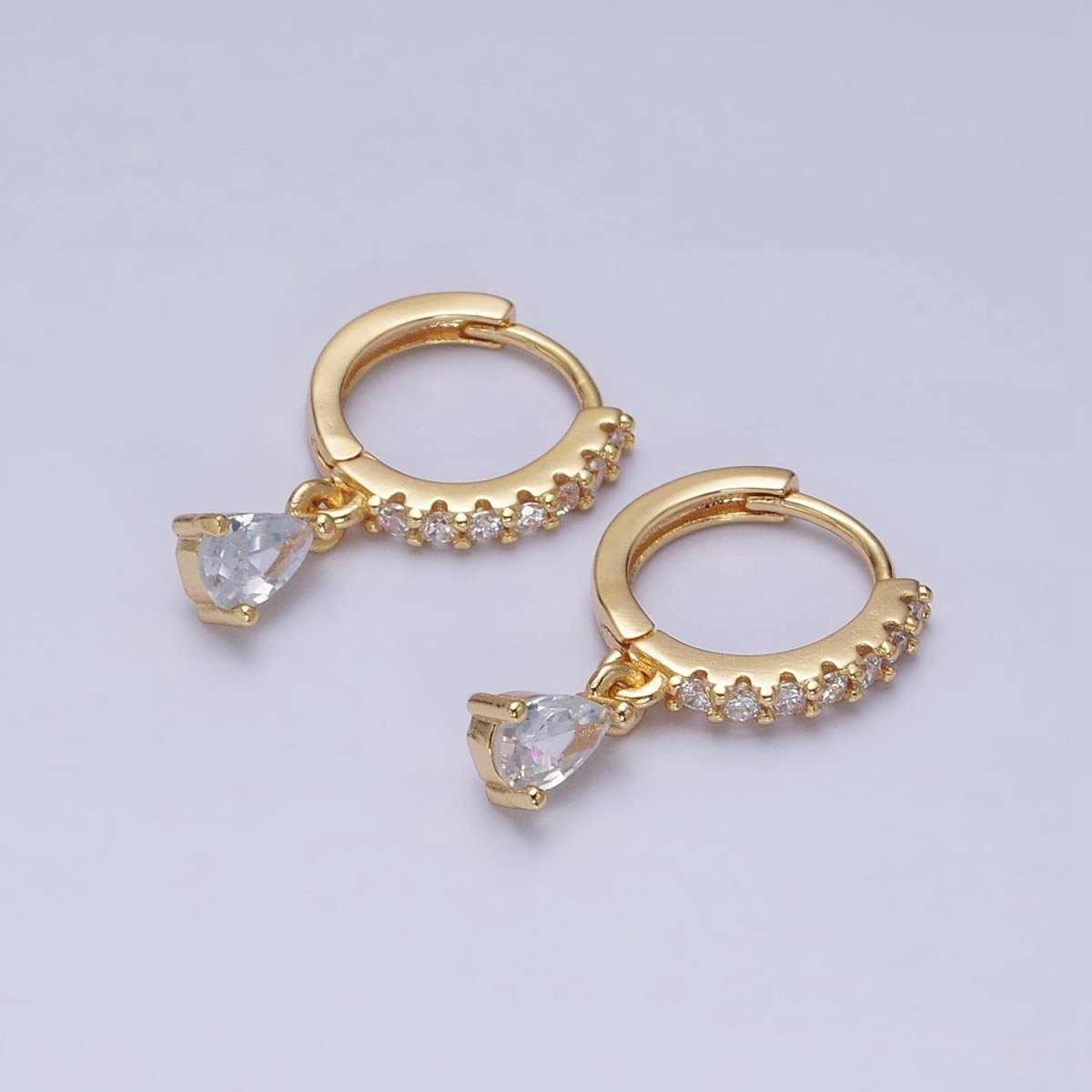 16K Gold Filled Clear CZ Teardrop Micro Paved Huggie Earrings in Gold & Silver | AD816 AD817