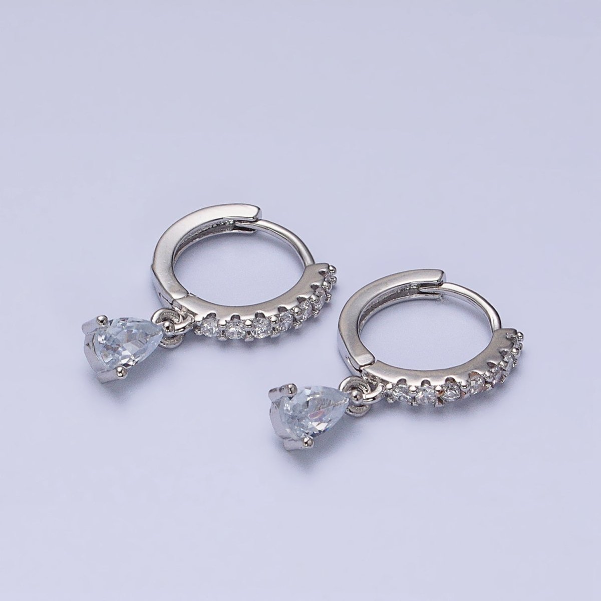 16K Gold Filled Clear CZ Teardrop Micro Paved Huggie Earrings in Gold & Silver | AD816 AD817