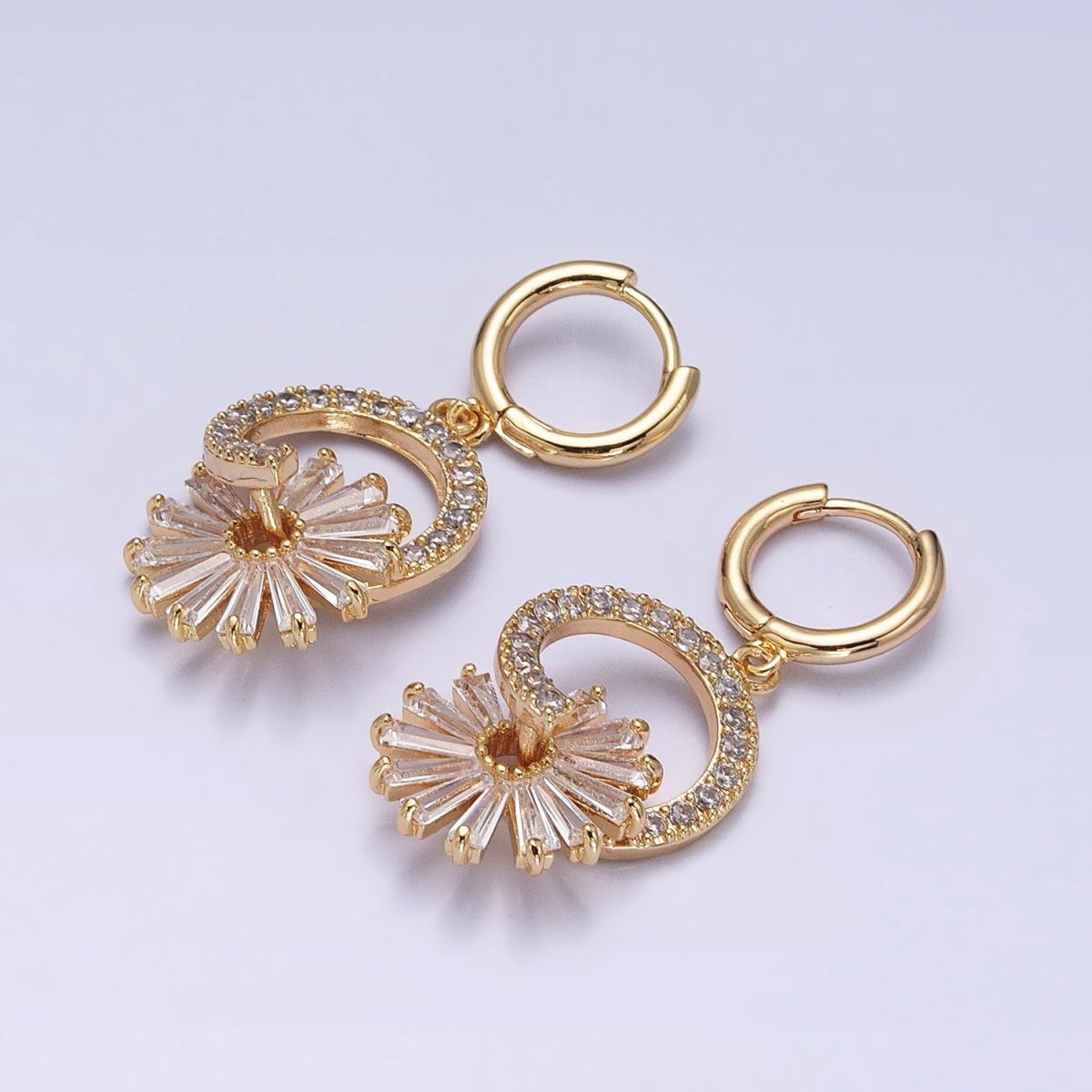 16K Gold Filled Clear Flower Baguette Circular Drop Huggie Earrings | AD820