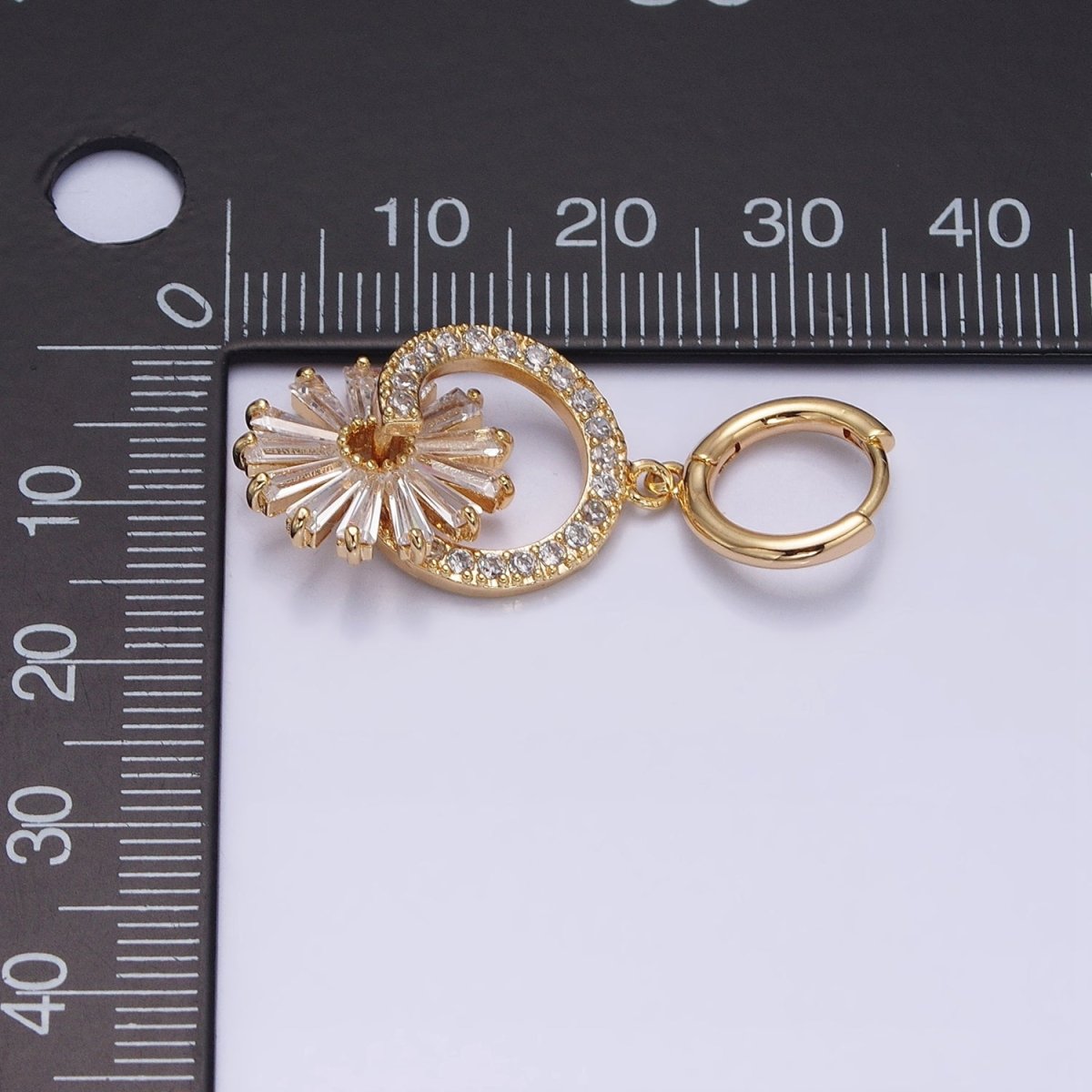 16K Gold Filled Clear Flower Baguette Circular Drop Huggie Earrings | AD820