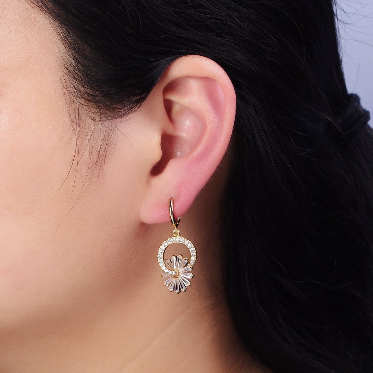 16K Gold Filled Clear Flower Baguette Circular Drop Huggie Earrings | AD820