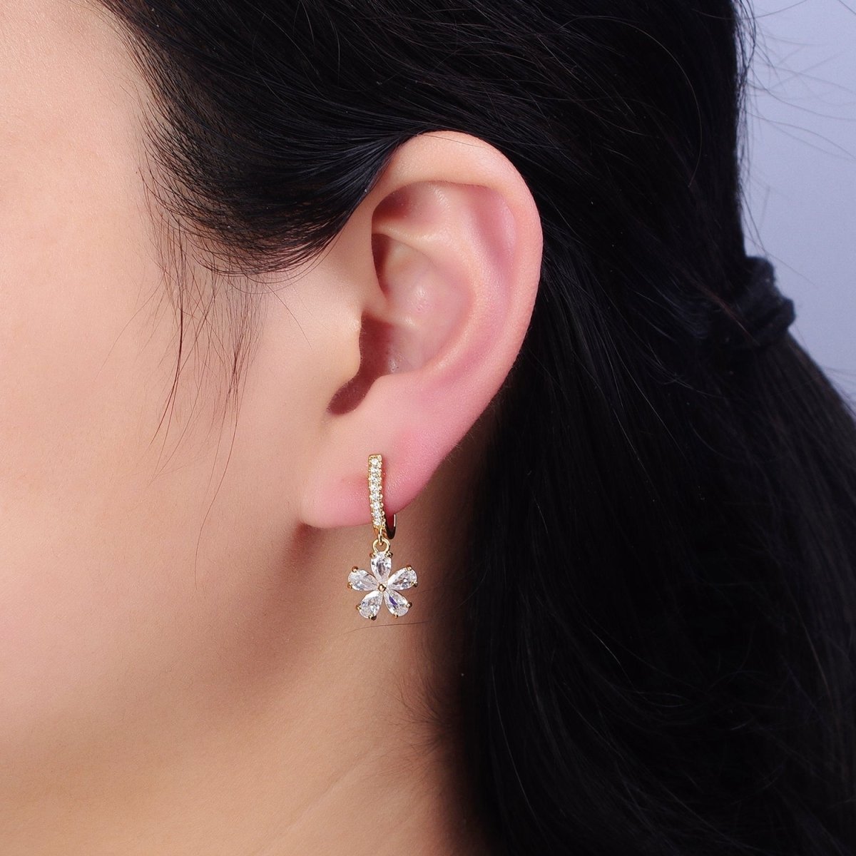 16K Gold Filled Clear Flower Baguette Drop Micro Paved English Lock Earrings in Gold & Silver | AD927 AD928