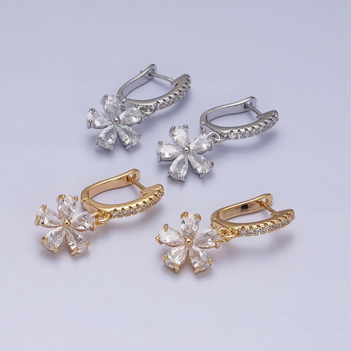 16K Gold Filled Clear Flower Baguette Drop Micro Paved English Lock Earrings in Gold & Silver | AD927 AD928