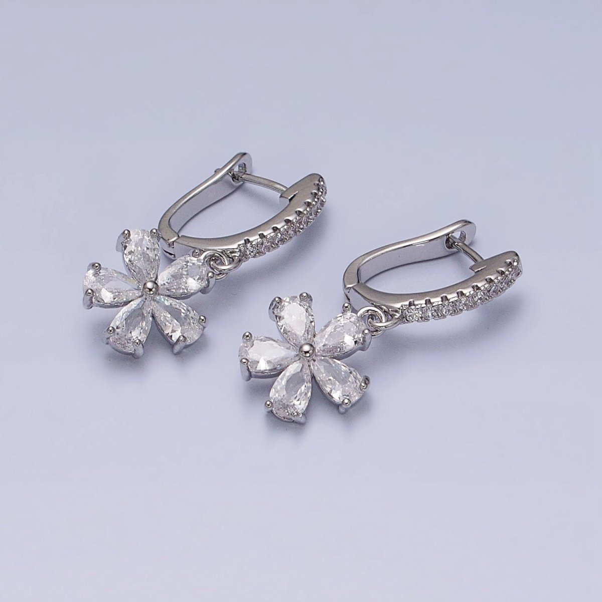 16K Gold Filled Clear Flower Baguette Drop Micro Paved English Lock Earrings in Gold & Silver | AD927 AD928