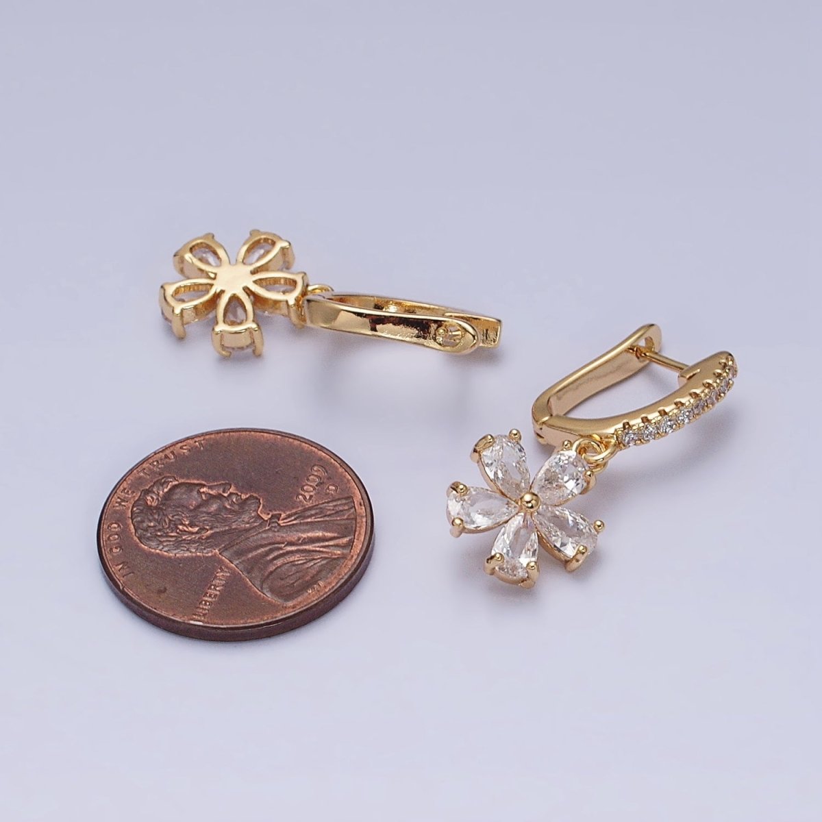 16K Gold Filled Clear Flower Baguette Drop Micro Paved English Lock Earrings in Gold & Silver | AD927 AD928