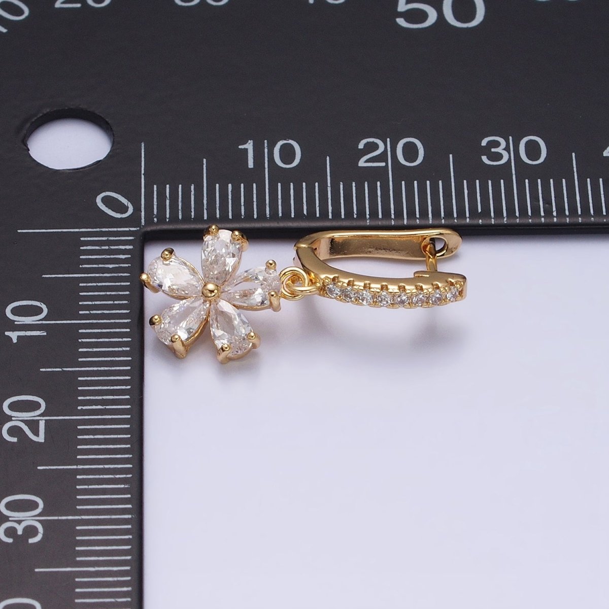 16K Gold Filled Clear Flower Baguette Drop Micro Paved English Lock Earrings in Gold & Silver | AD927 AD928