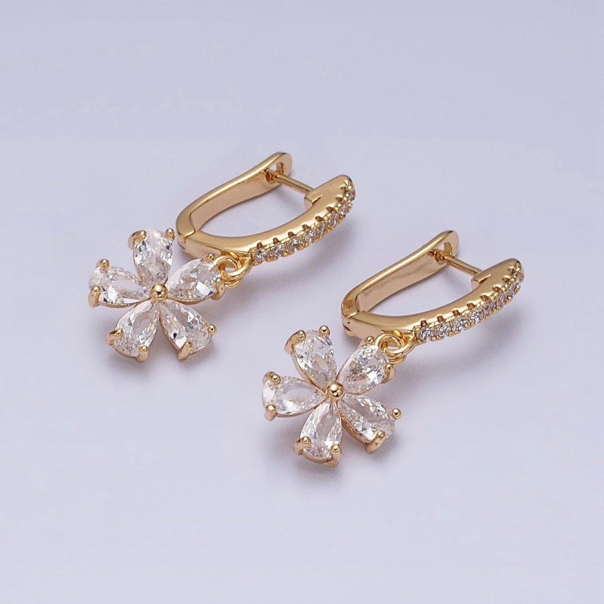 16K Gold Filled Clear Flower Baguette Drop Micro Paved English Lock Earrings in Gold & Silver | AD927 AD928