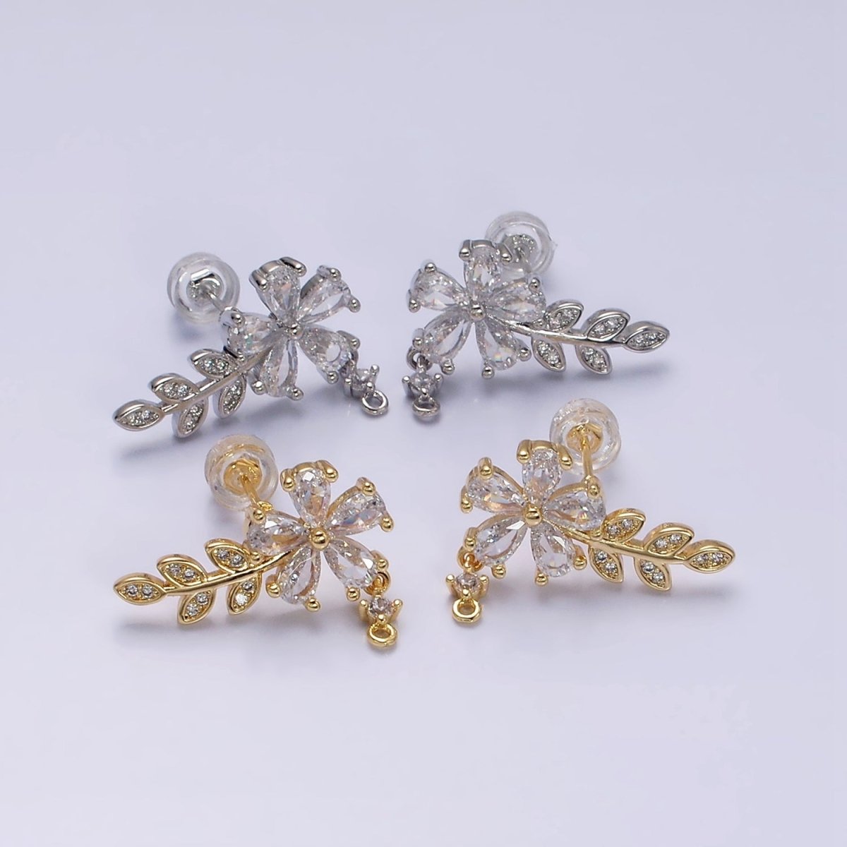 16K Gold Filled Clear Flower Teardrop Micro Paved Olive Leaf Stud Earrings in Gold & Silver | AD1138 AD1139