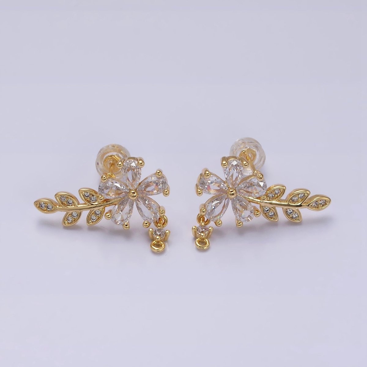 16K Gold Filled Clear Flower Teardrop Micro Paved Olive Leaf Stud Earrings in Gold & Silver | AD1138 AD1139