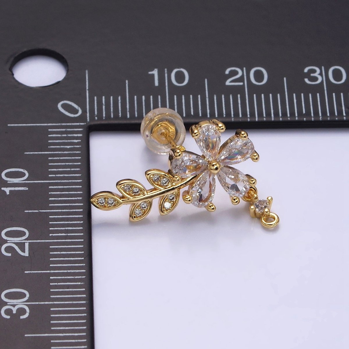 16K Gold Filled Clear Flower Teardrop Micro Paved Olive Leaf Stud Earrings in Gold & Silver | AD1138 AD1139