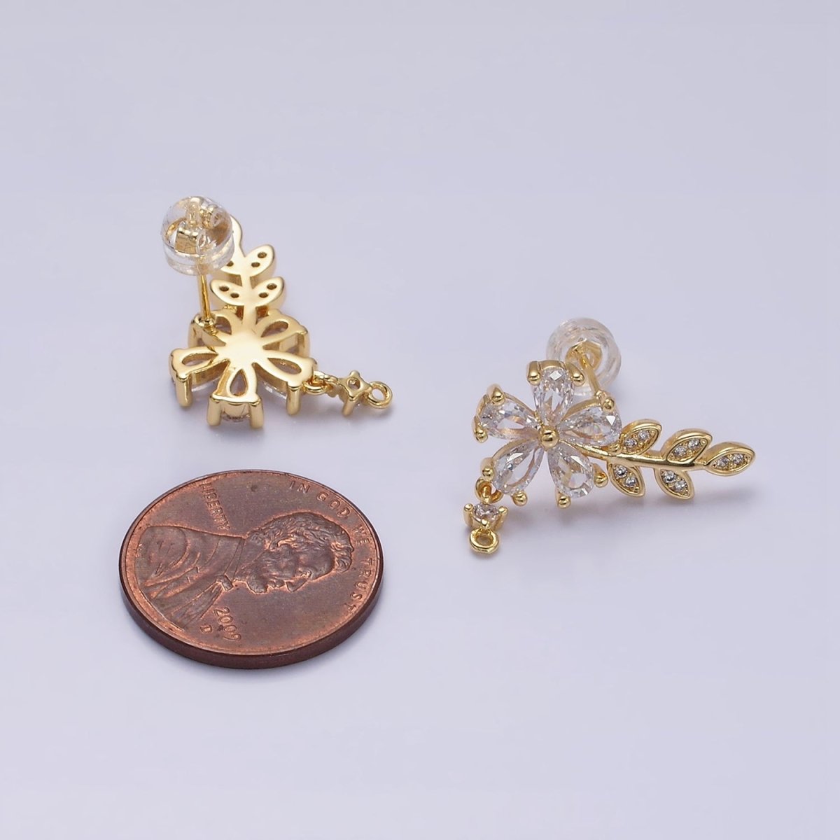 16K Gold Filled Clear Flower Teardrop Micro Paved Olive Leaf Stud Earrings in Gold & Silver | AD1138 AD1139