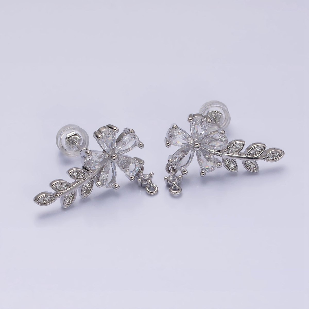 16K Gold Filled Clear Flower Teardrop Micro Paved Olive Leaf Stud Earrings in Gold & Silver | AD1138 AD1139