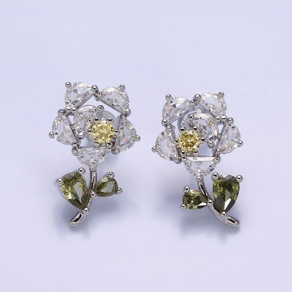 16K Gold Filled Clear, Fuchsia, Pink CZ Flower Leaf Multicolor Stud Earrings in Gold & Silver | AD1018 - AD1023