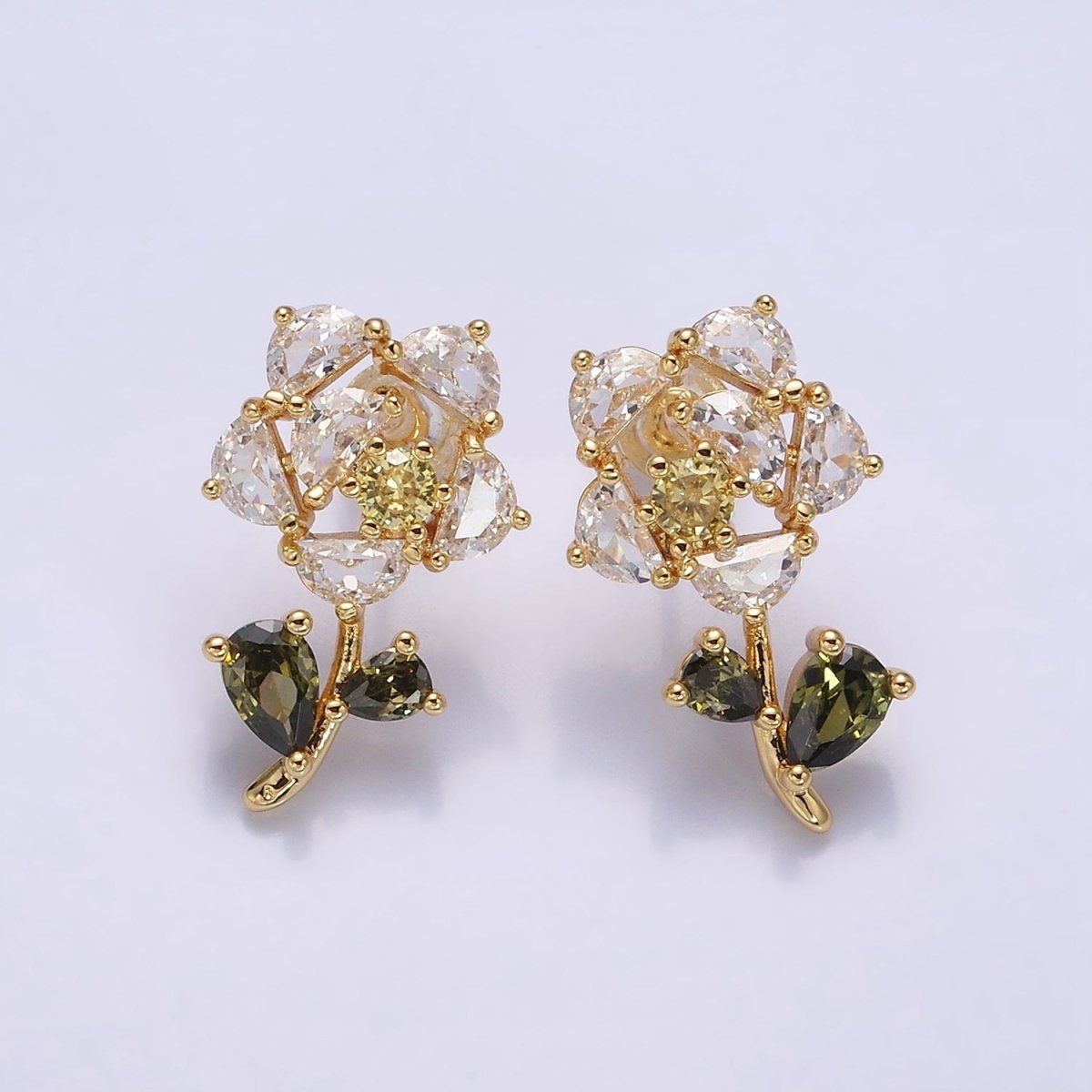 16K Gold Filled Clear, Fuchsia, Pink CZ Flower Leaf Multicolor Stud Earrings in Gold & Silver | AD1018 - AD1023