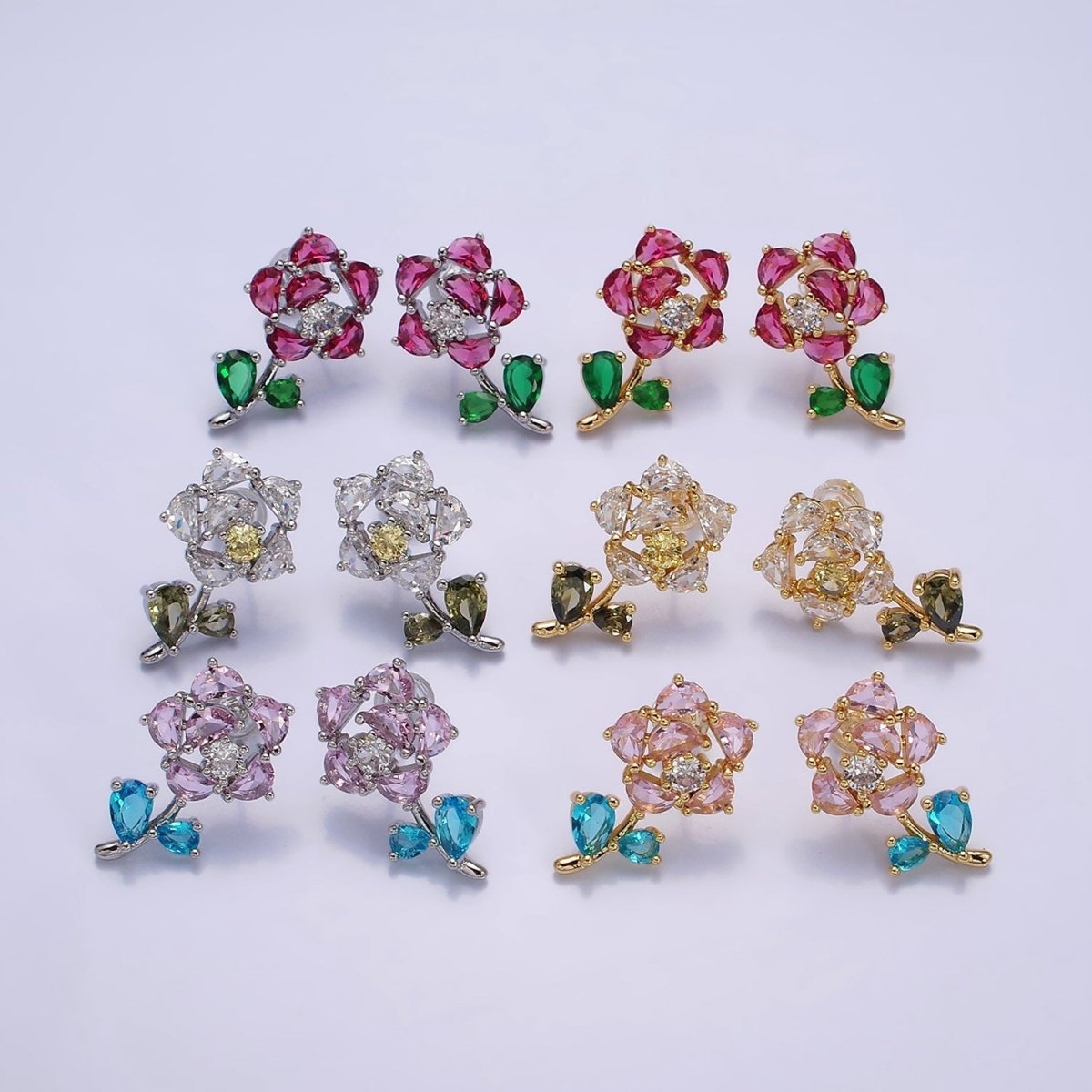 16K Gold Filled Clear, Fuchsia, Pink CZ Flower Leaf Multicolor Stud Earrings in Gold & Silver | AD1018 - AD1023