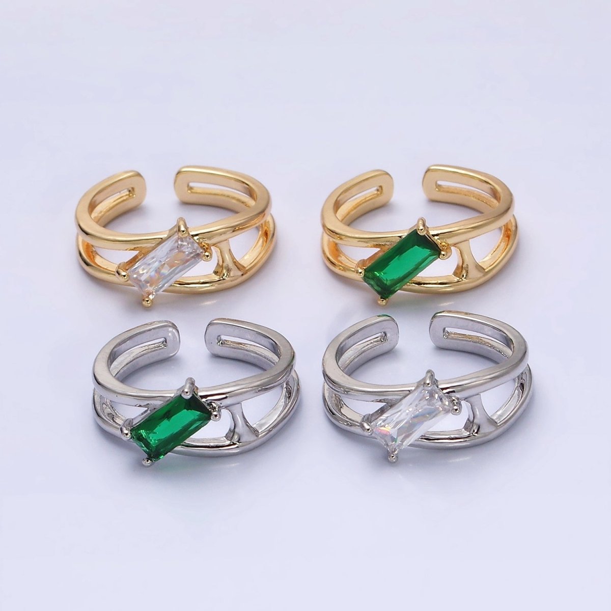 16K Gold Filled Clear, Green Baguette Molten Double Band Ring in Gold & Silver |  O-1622 O-1623 O-1624