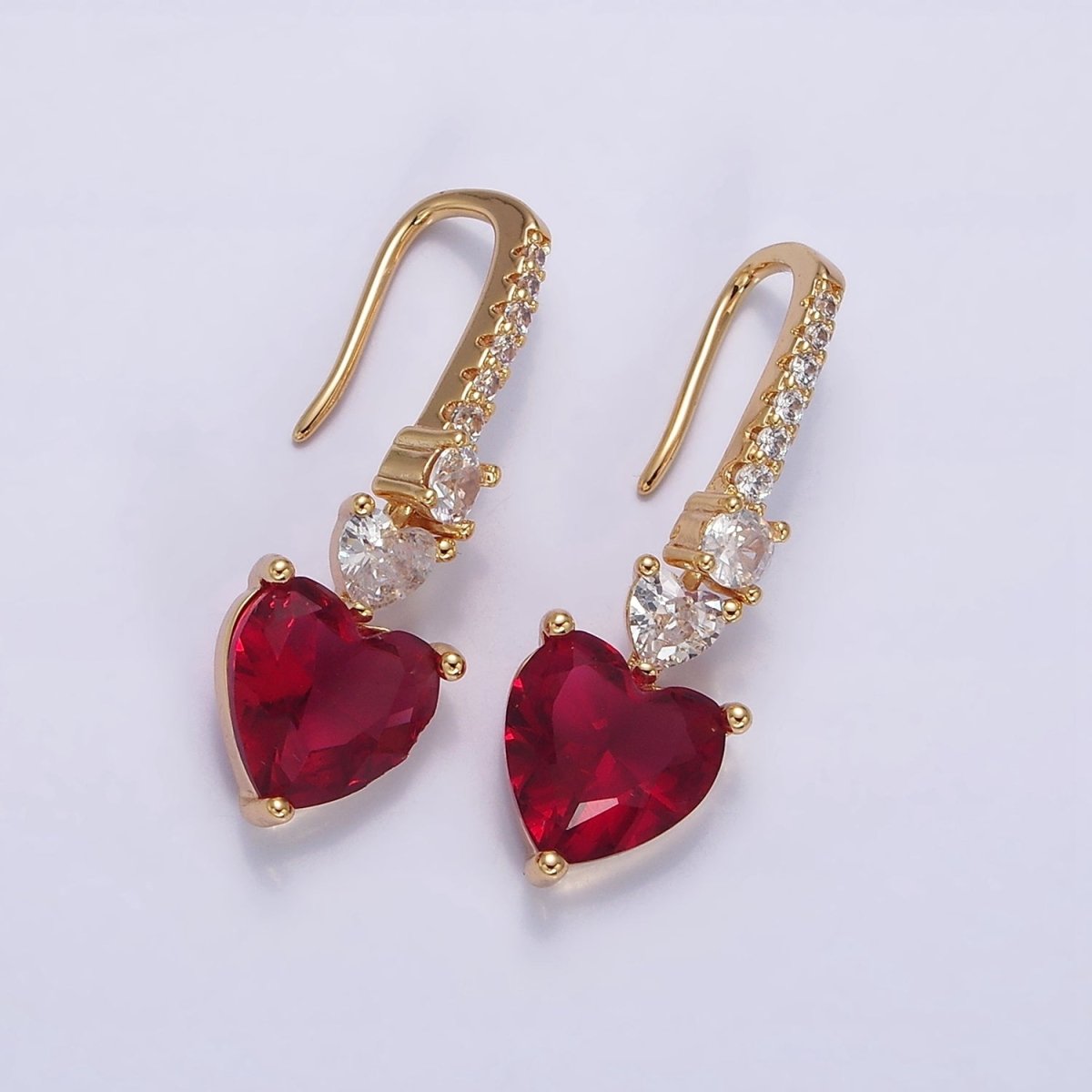 16K Gold Filled Clear, Green, Pink, Red, Blue, Purple CZ Heart Drop Micro Paved French Hook Earrings in Gold & Silver | AD1040 - AD1051