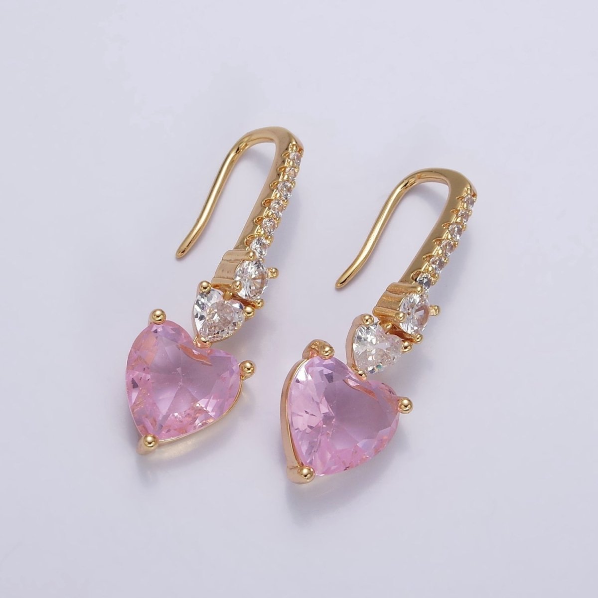 16K Gold Filled Clear, Green, Pink, Red, Blue, Purple CZ Heart Drop Micro Paved French Hook Earrings in Gold & Silver | AD1040 - AD1051