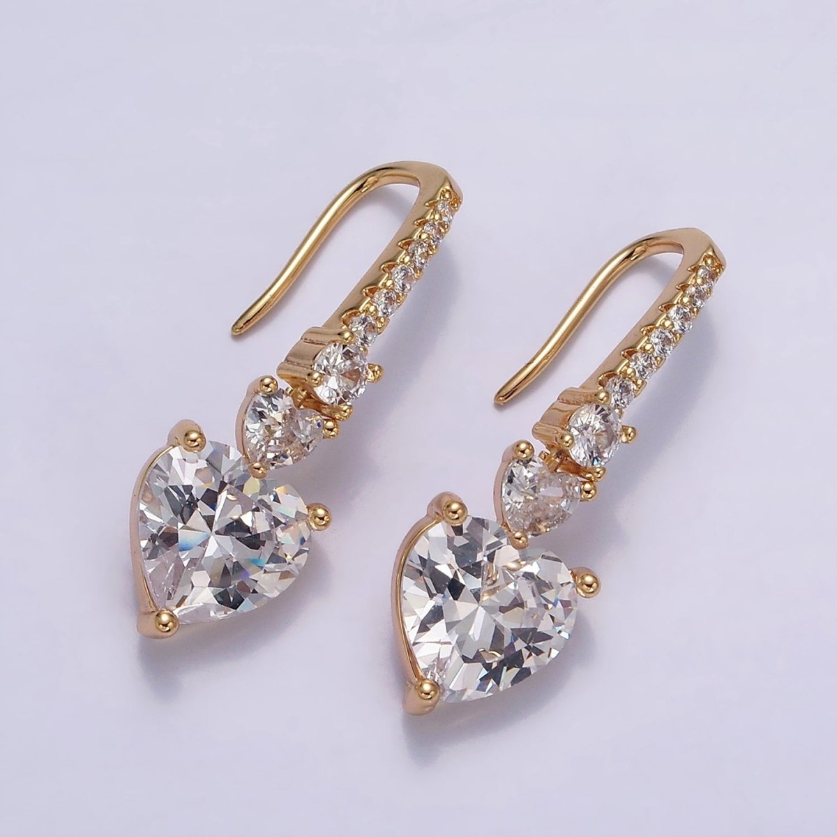 16K Gold Filled Clear, Green, Pink, Red, Blue, Purple CZ Heart Drop Micro Paved French Hook Earrings in Gold & Silver | AD1040 - AD1051
