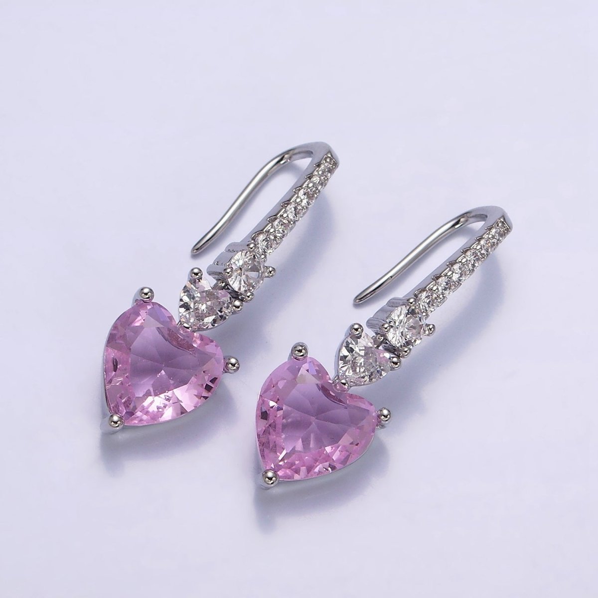 16K Gold Filled Clear, Green, Pink, Red, Blue, Purple CZ Heart Drop Micro Paved French Hook Earrings in Gold & Silver | AD1040 - AD1051