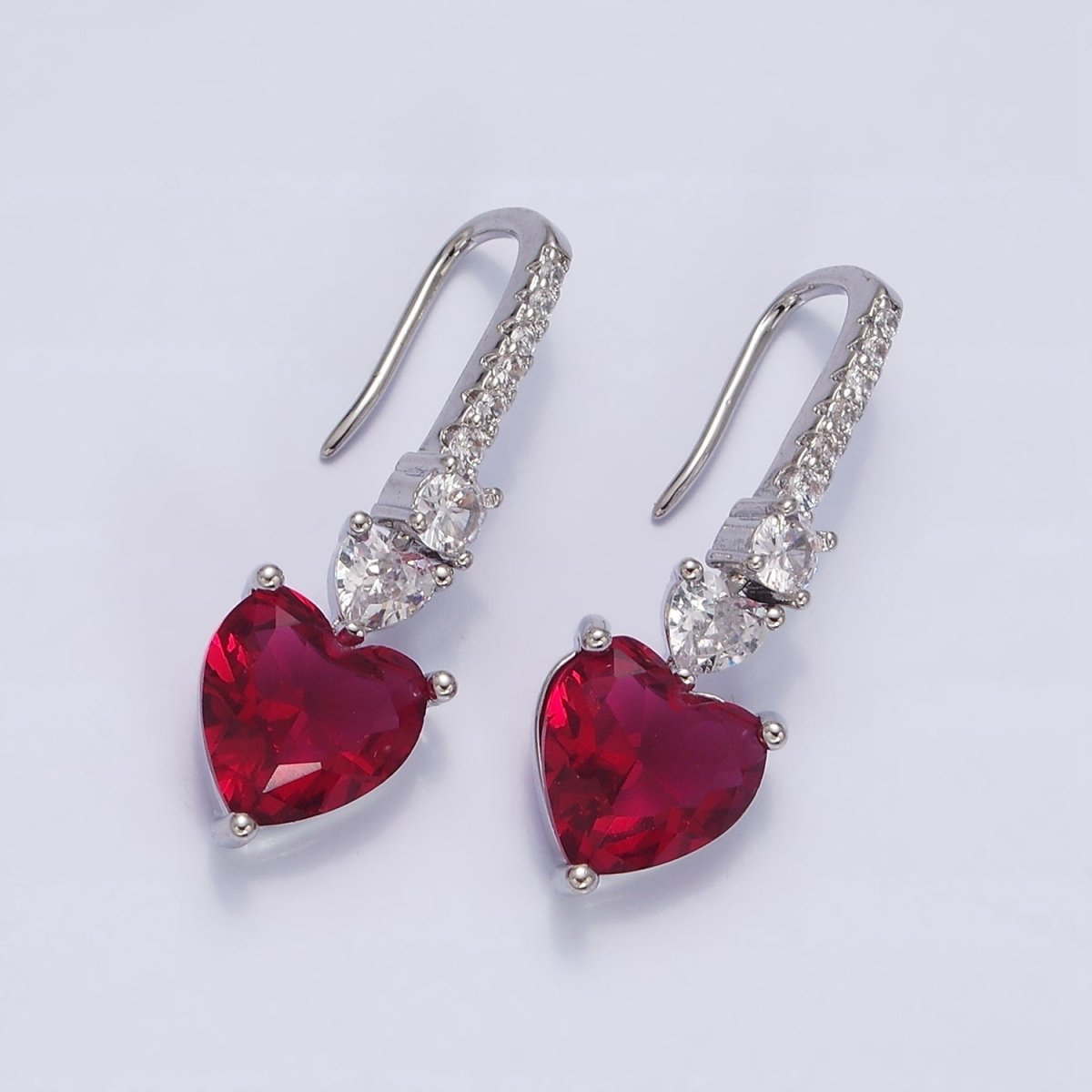 16K Gold Filled Clear, Green, Pink, Red, Blue, Purple CZ Heart Drop Micro Paved French Hook Earrings in Gold & Silver | AD1040 - AD1051