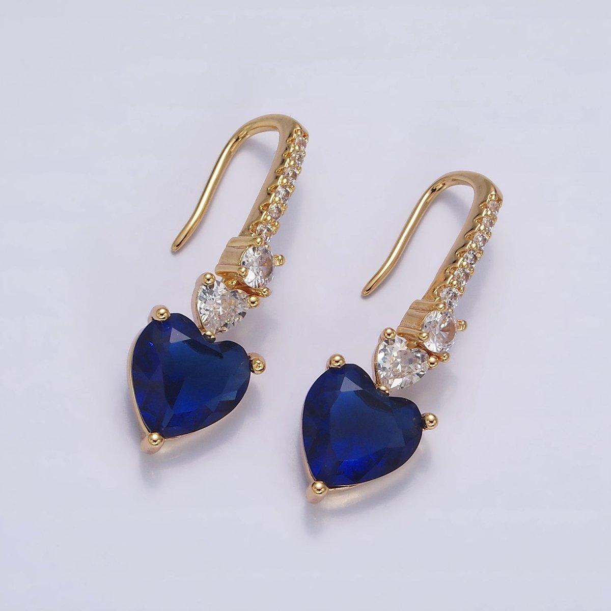 16K Gold Filled Clear, Green, Pink, Red, Blue, Purple CZ Heart Drop Micro Paved French Hook Earrings in Gold & Silver | AD1040 - AD1051