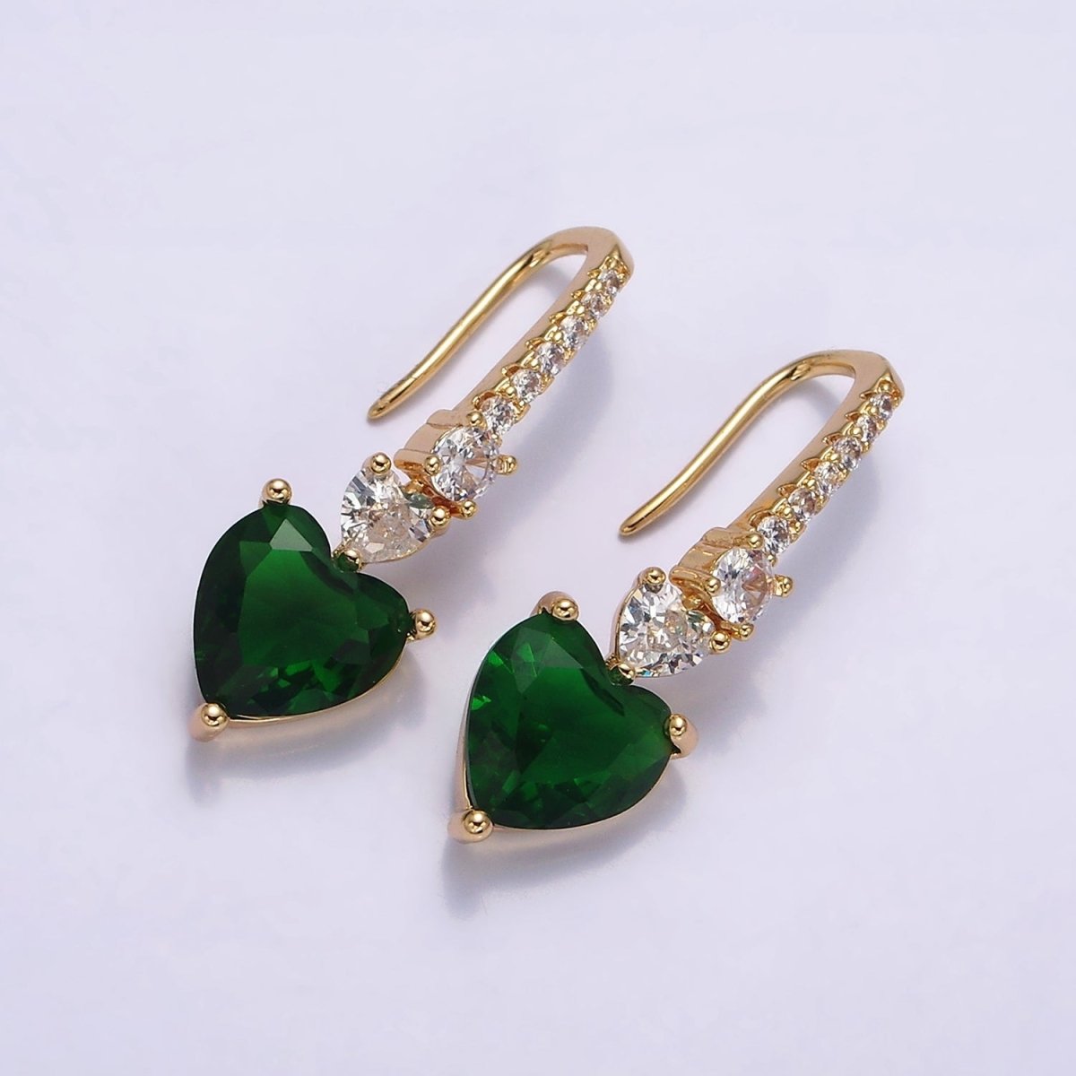 16K Gold Filled Clear, Green, Pink, Red, Blue, Purple CZ Heart Drop Micro Paved French Hook Earrings in Gold & Silver | AD1040 - AD1051