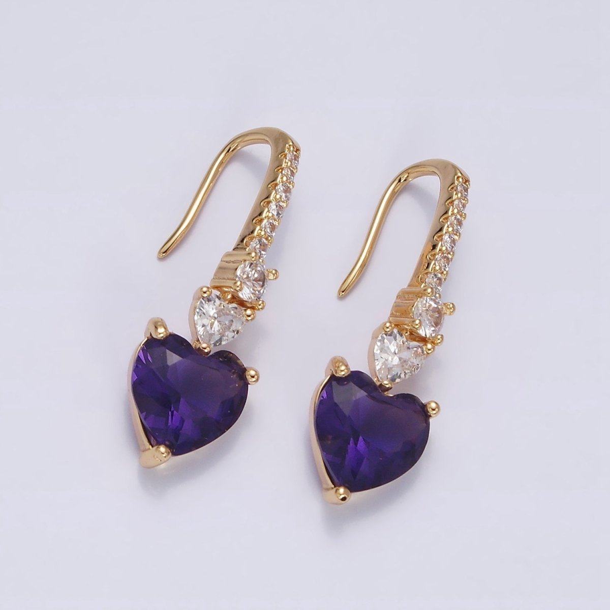 16K Gold Filled Clear, Green, Pink, Red, Blue, Purple CZ Heart Drop Micro Paved French Hook Earrings in Gold & Silver | AD1040 - AD1051
