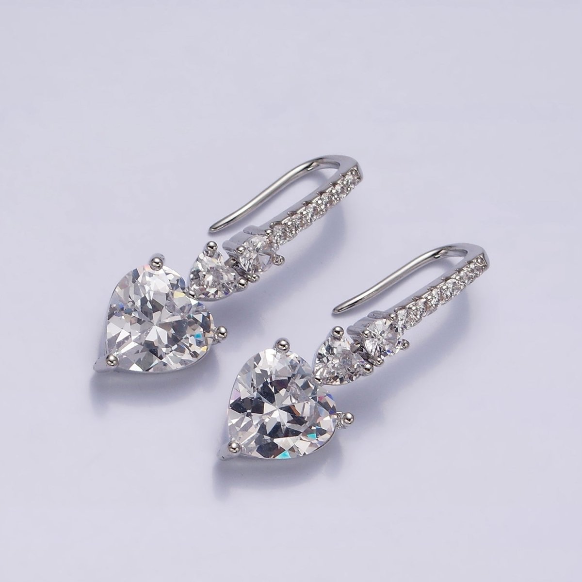 16K Gold Filled Clear, Green, Pink, Red, Blue, Purple CZ Heart Drop Micro Paved French Hook Earrings in Gold & Silver | AD1040 - AD1051