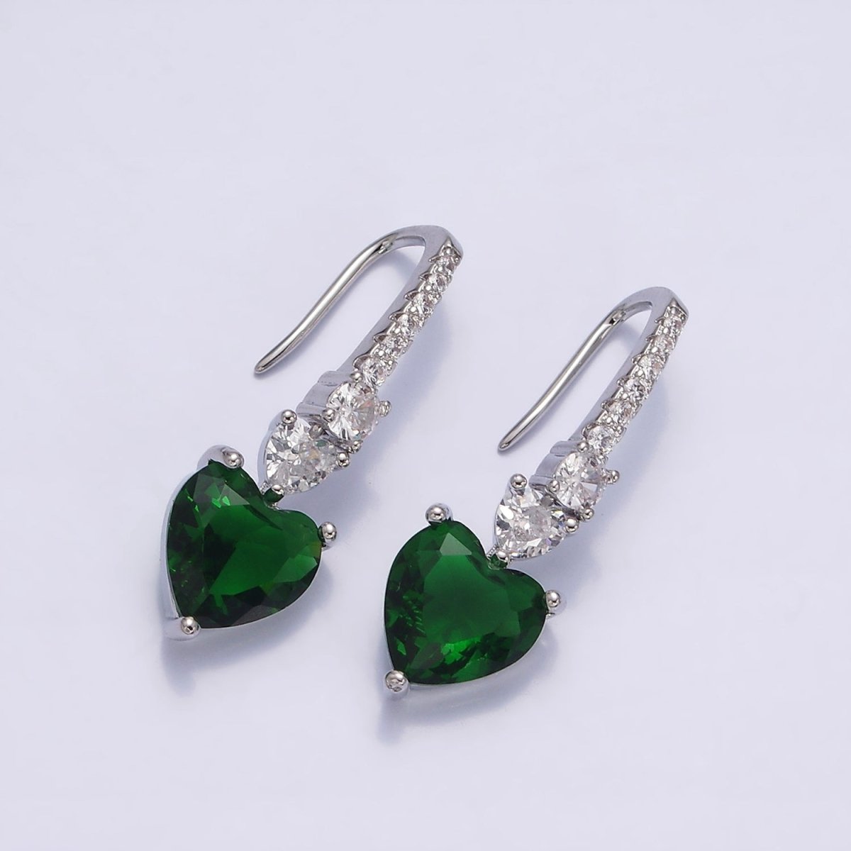 16K Gold Filled Clear, Green, Pink, Red, Blue, Purple CZ Heart Drop Micro Paved French Hook Earrings in Gold & Silver | AD1040 - AD1051