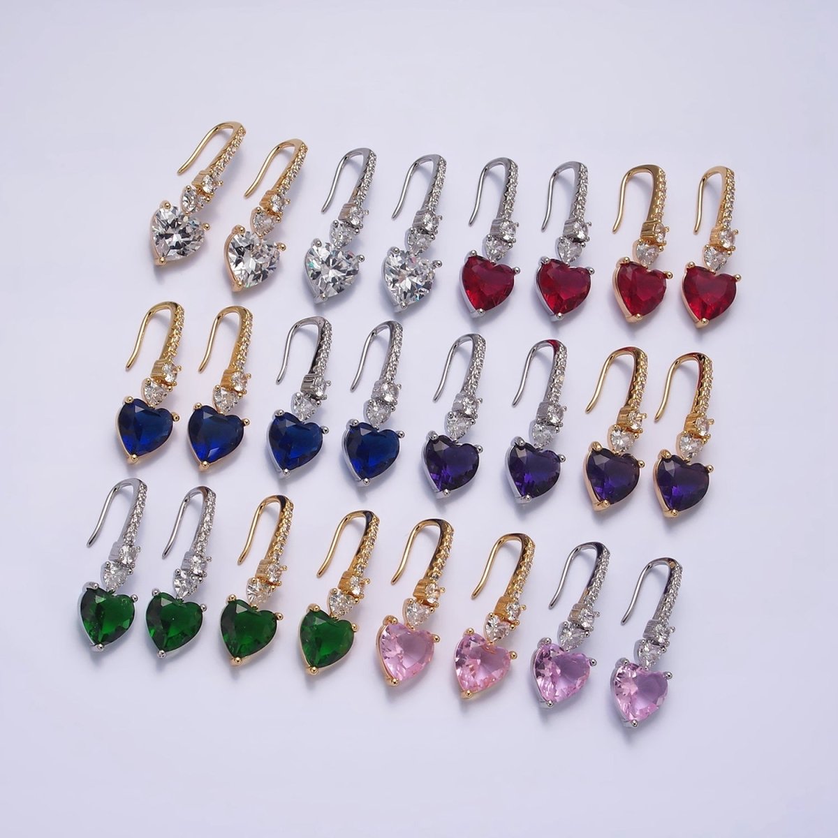 16K Gold Filled Clear, Green, Pink, Red, Blue, Purple CZ Heart Drop Micro Paved French Hook Earrings in Gold & Silver | AD1040 - AD1051