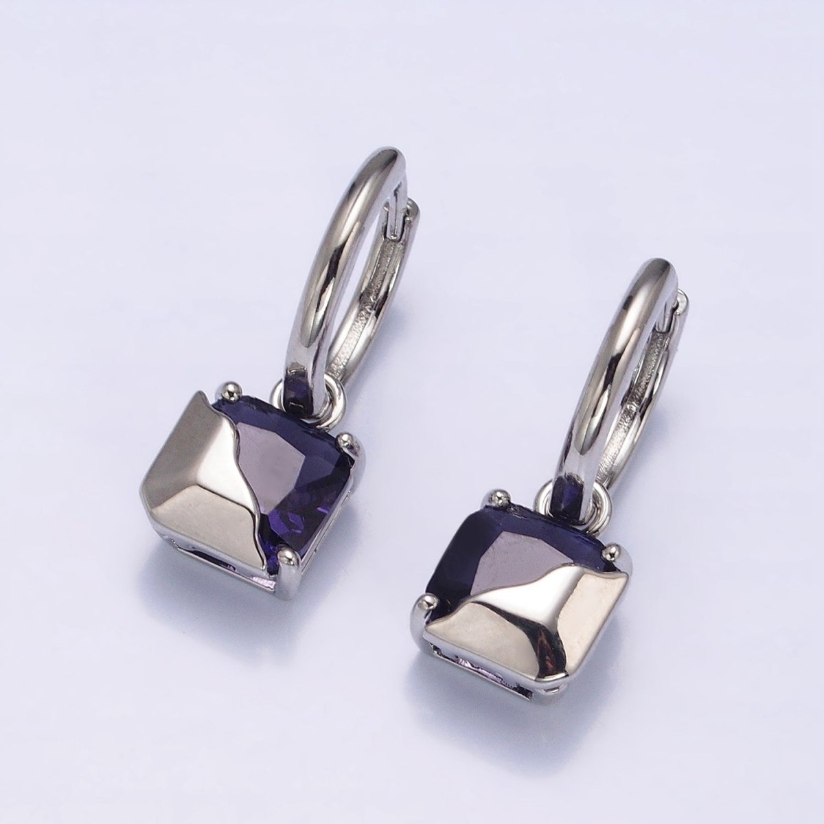 16K Gold Filled Clear, Green, Pink, Red, Blue, Purple CZ Square Molten Drop Huggie Earrings in Gold & Silver | AD1480 - AD1491