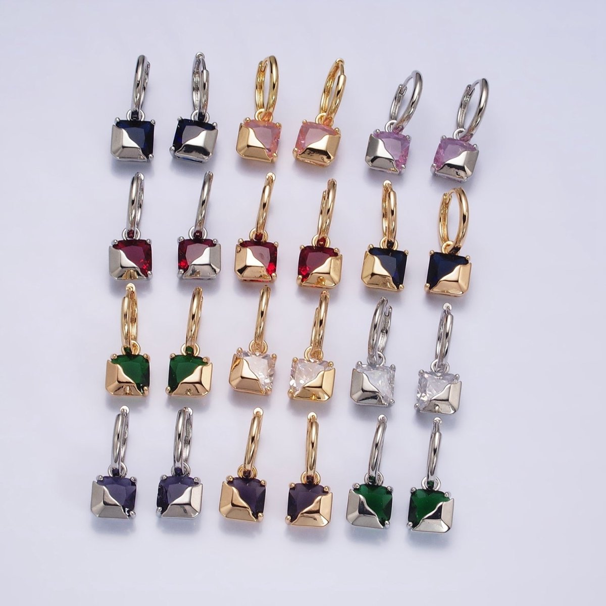 16K Gold Filled Clear, Green, Pink, Red, Blue, Purple CZ Square Molten Drop Huggie Earrings in Gold & Silver | AD1480 - AD1491