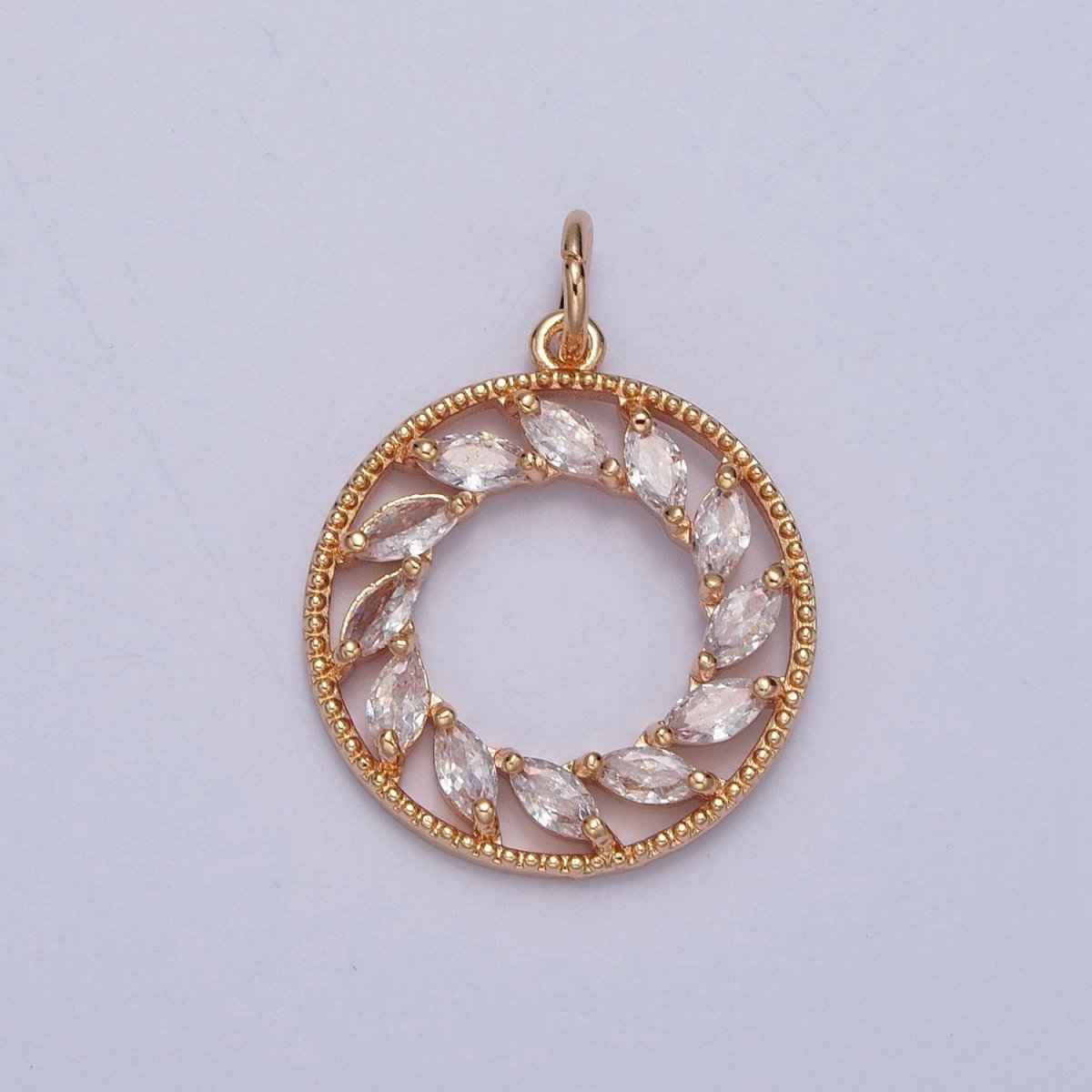 16K Gold Filled Clear Marquise CZ Spiral Open Round Medallion Charm | X-219
