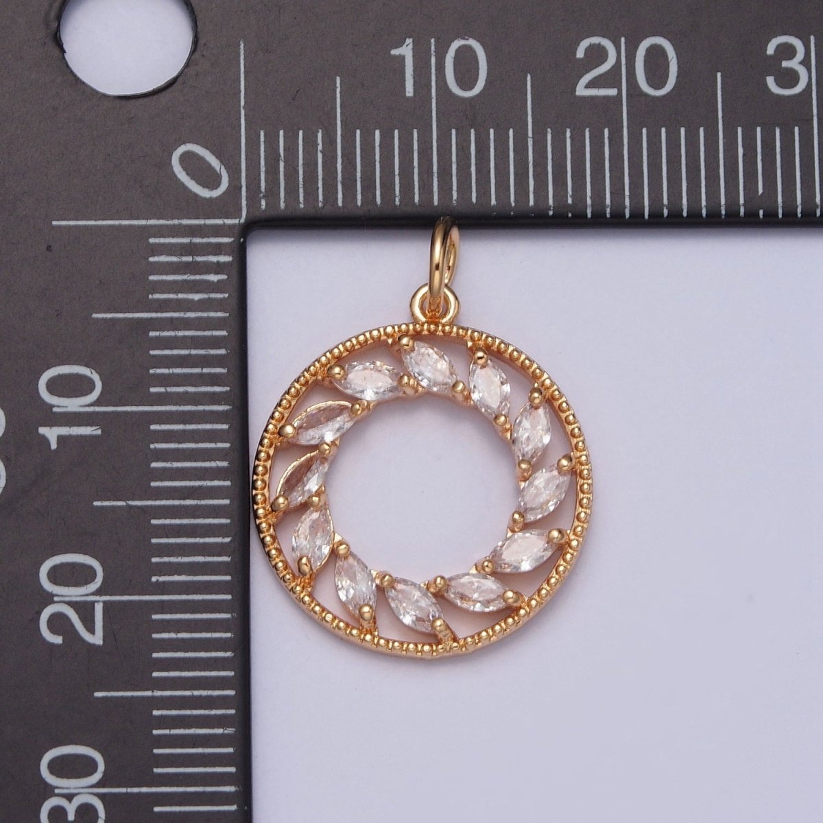 16K Gold Filled Clear Marquise CZ Spiral Open Round Medallion Charm | X-219