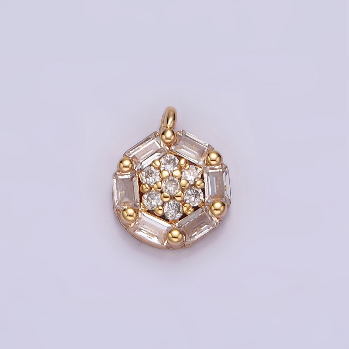 16K Gold Filled Clear Micro Paved CZ Baguette Lined Round Mini Charm | N1750
