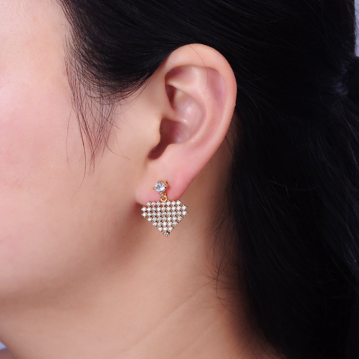 16K Gold Filled Clear Micro Paved CZ Diamond Drop Stud Earrings | AD-408