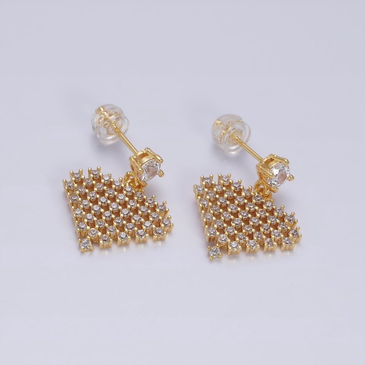 16K Gold Filled Clear Micro Paved CZ Diamond Drop Stud Earrings | AD-408