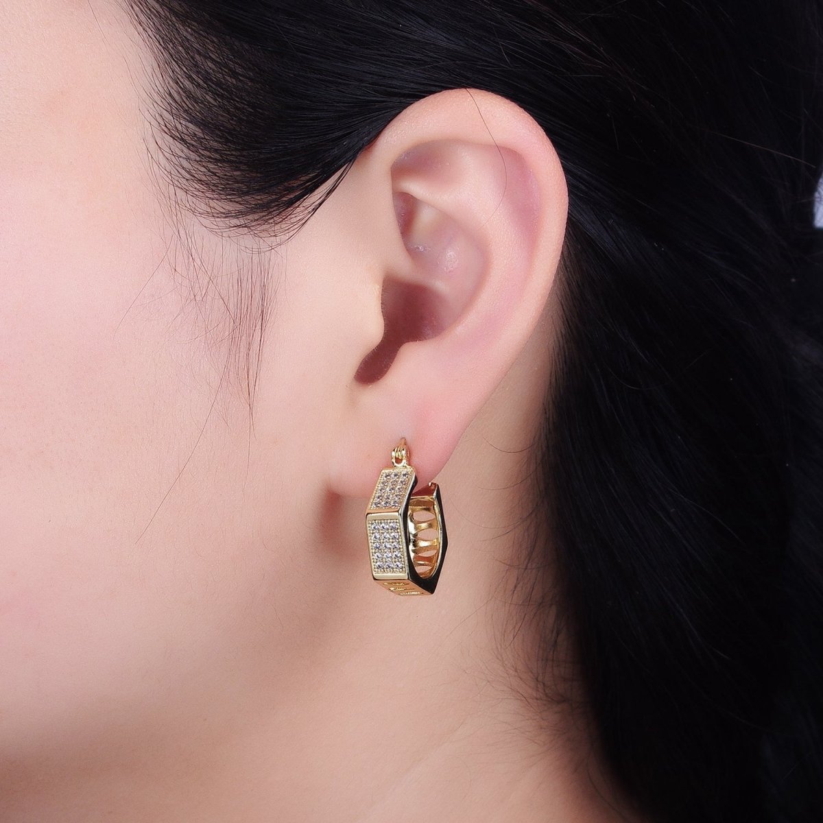 16K Gold Filled Clear Micro Paved CZ Hexagonal French Lock Latch Earrings | AB1530