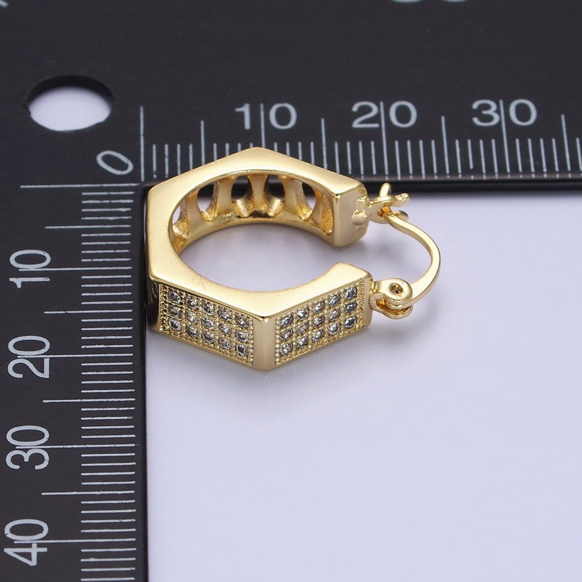 16K Gold Filled Clear Micro Paved CZ Hexagonal French Lock Latch Earrings | AB1530