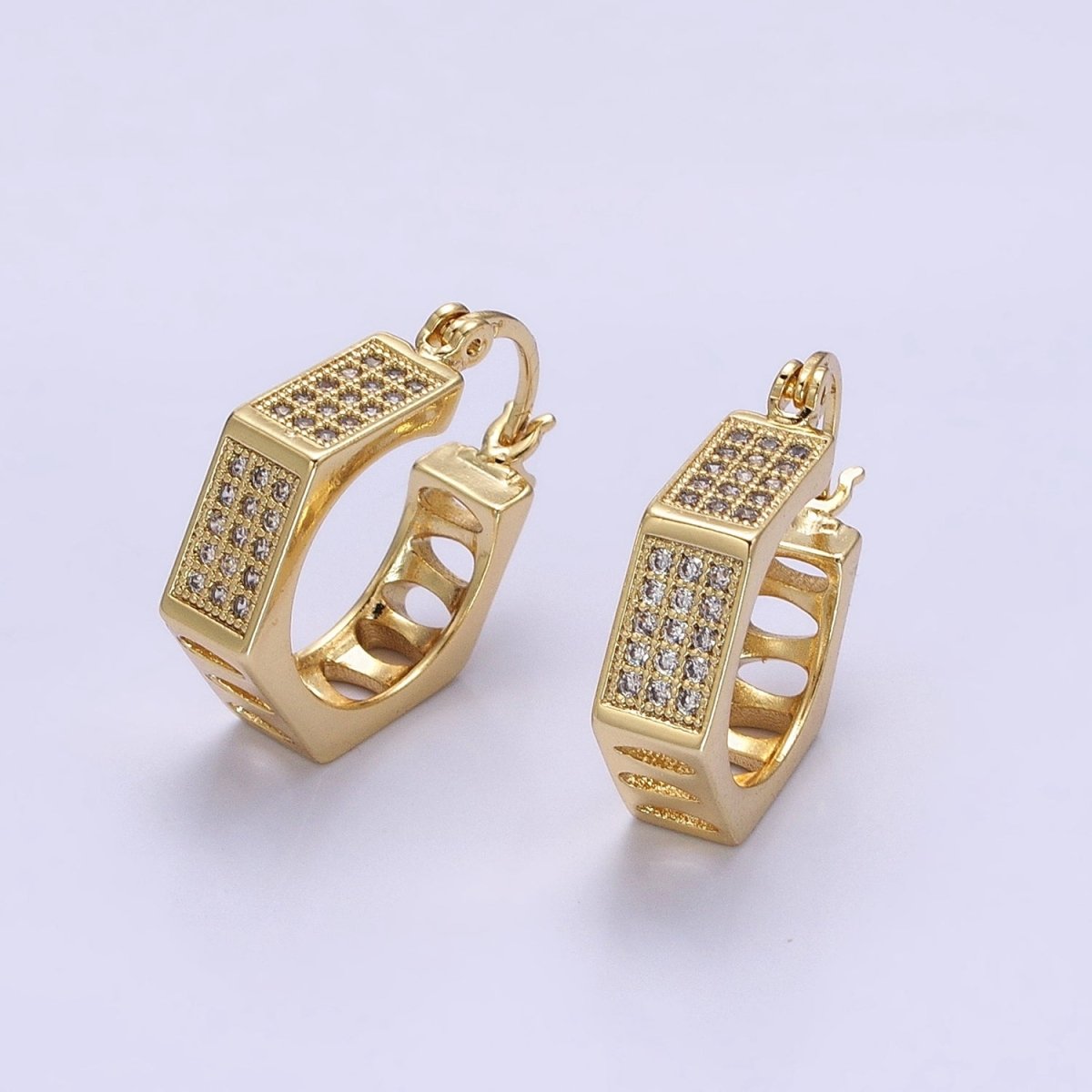 16K Gold Filled Clear Micro Paved CZ Hexagonal French Lock Latch Earrings | AB1530